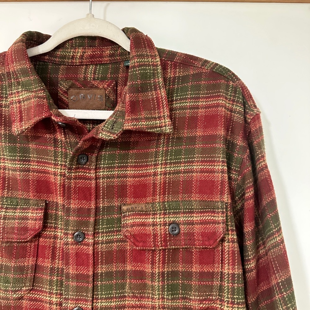 Orvis Men Large Plaid Flannel Shirt Jacket Red Green Cotton Heavyweight Pockets